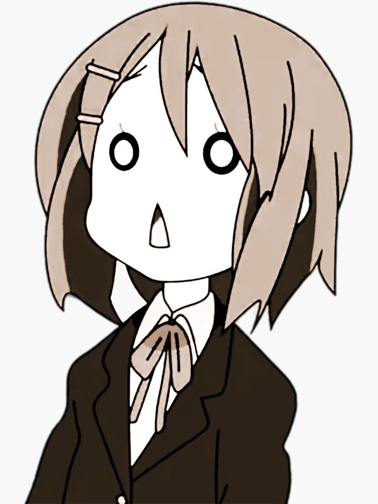 This image features an anime-style character, widely recognized as Yui Hirasawa or Mio Akiyama from the popular anime 'K-On!', displaying an exaggerated expression of shock or bewilderment. The character has short, light brown hair, secured by a simple clip, and is depicted from the chest up in a dark school uniform jacket with a white shirt and a light brown bow tie. Their demeanor is one of utter surprise, conveyed through wide, circular eyes and a small, triangular open mouth. The plain white background isolates the character, amplifying the comedic impact of their iconic, meme-worthy reaction. The humor stems from the universal relatability of such an over-the-top, yet simple, expression of disbelief.