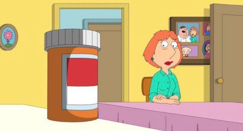 This image is from the animated show "Family Guy." It features Lois Griffin sitting at a table, but the real star of the show here is the comically oversized prescription pill bottle in the foreground. It’s so big, it looks like it could cure not just a headache, but all of 2023.
Caption idea: "When the doctor says 'take one pill a day,' but your family is the Griffins."