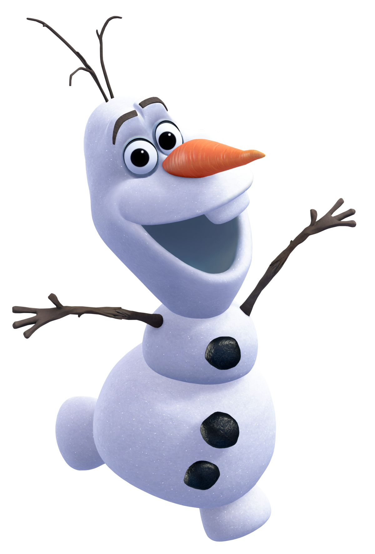 The image prominently features Olaf, the beloved snowman from Disney's "Frozen," radiating pure, unadulterated joy. He is captured in a dynamic, mid-action pose, with his twig arms comically outstretched as if in a playful dance or greeting. His wide-open mouth, revealing a single buck tooth, and large, expressive eyes convey an infectious sense of happiness and childlike wonder. His iconic carrot nose and twig eyebrows complete his cheerful demeanor. The plain white background serves to isolate Olaf, making him the sole focus and emphasizing his vibrant personality, typical of a character render. The humor stems from his perpetually optimistic expression and the lively, almost weightless pose of a snowman, perfectly embodying his desire for summer despite his icy composition.