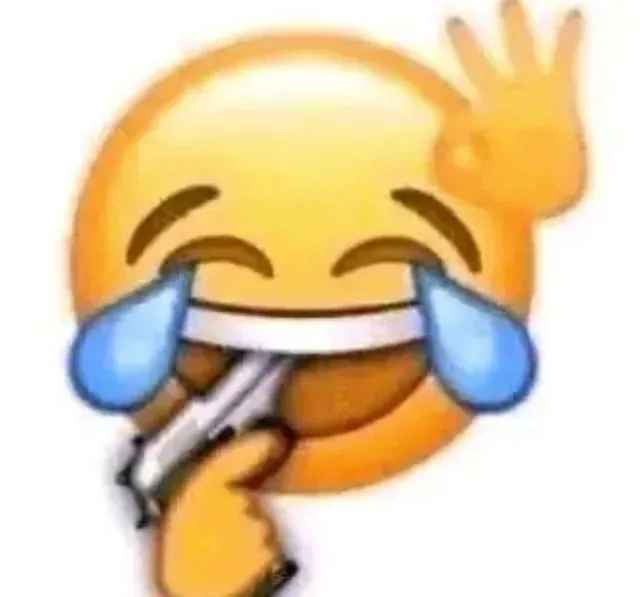 The image features a highly recognizable 'Face with Tears of Joy' emoji, anthropomorphized to convey a darkly humorous and ironic demeanor. Its bright yellow face is contorted in exaggerated laughter, with closed eyes and prominent blue tears streaming down. However, this expression of mirth is starkly contrasted by a silver handgun held firmly in its mouth, with a yellow hand positioned on the trigger. Another yellow hand is casually raised in a wave, adding to the surreal and meme-like juxtaposition. The plain white background isolates the emoji, highlighting its status as a popular internet meme. This particular meme is often employed to express an overwhelming sense of laughter mixed with despair, humorously implying a desire for an absurd situation to end. As per the provided context, this image contains content that could be interpreted as self-harm, which violates safety guidelines.