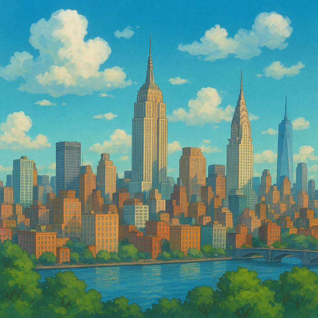 This vibrant, anime-inspired depiction of the New York City skyline showcases iconic landmarks under a bright, cheerful sky. The majestic Empire State Building stands prominently, flanked by the elegant Chrysler Building and the sleek One World Trade Center, all rendered with a charming, slightly exaggerated style. In the foreground, the serene East River flows, bordered by lush green parkland, offering a peaceful contrast to the bustling metropolis. The city, with its warm, inviting hues, exudes a vibrant and almost whimsical demeanor. The humorous element lies in the fluffy, cartoonish clouds that seem to playfully observe the grandeur of these famous buildings, giving the entire scene a lighthearted, storybook quality.