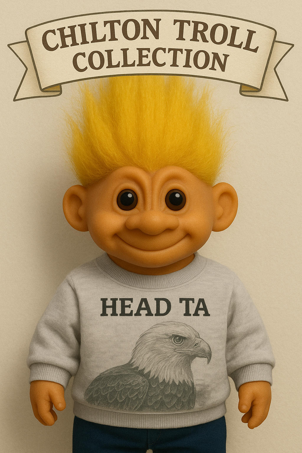 The image features a cheerful cartoon character from the Chilton Troll Collection, a nod to the classic troll dolls. This particular troll has vibrant yellow hair that stands tall and a friendly smile, exuding an infectious sense of joy. Dressed in a light gray sweatshirt emblazoned with the phrase "HEAD TA" alongside a striking illustration of an eagle, the character blends humor with a quirky fashion statement.

The background is a simple, muted beige that emphasizes the troll's colorful features, allowing it to stand out prominently. The overall demeanor of the troll suggests a playful and lighthearted spirit, perfectly in line with the whimsical nature of troll dolls. The phrase "HEAD TA" adds a layer of meme culture, making the image even more relatable and humorous for viewers. It's a delightful homage to nostalgia, blending charm and humor effortlessly.