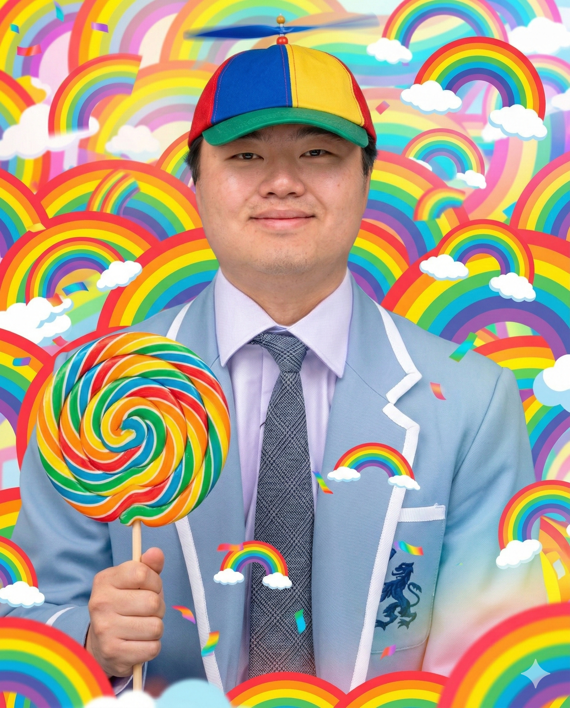 A man with a calm, slightly amused demeanor stands against an overwhelmingly vibrant background of countless overlapping rainbows and fluffy white clouds, creating a whimsical, almost surreal scene. He wears a light blue blazer with white trim, a patterned grey tie, and a light purple shirt, topped with a playful red, blue, green, and yellow propeller hat that adds a touch of childlike wonder. In his right hand, he firmly grasps an enormous, swirling rainbow lollipop, mirroring the colorful chaos around him. The entire image exudes a joyful, almost saccharine sweetness, with the man's composed expression providing a humorous contrast to the explosion of color and sugary delight. It's a delightful blend of formal attire and pure, unadulterated fun.