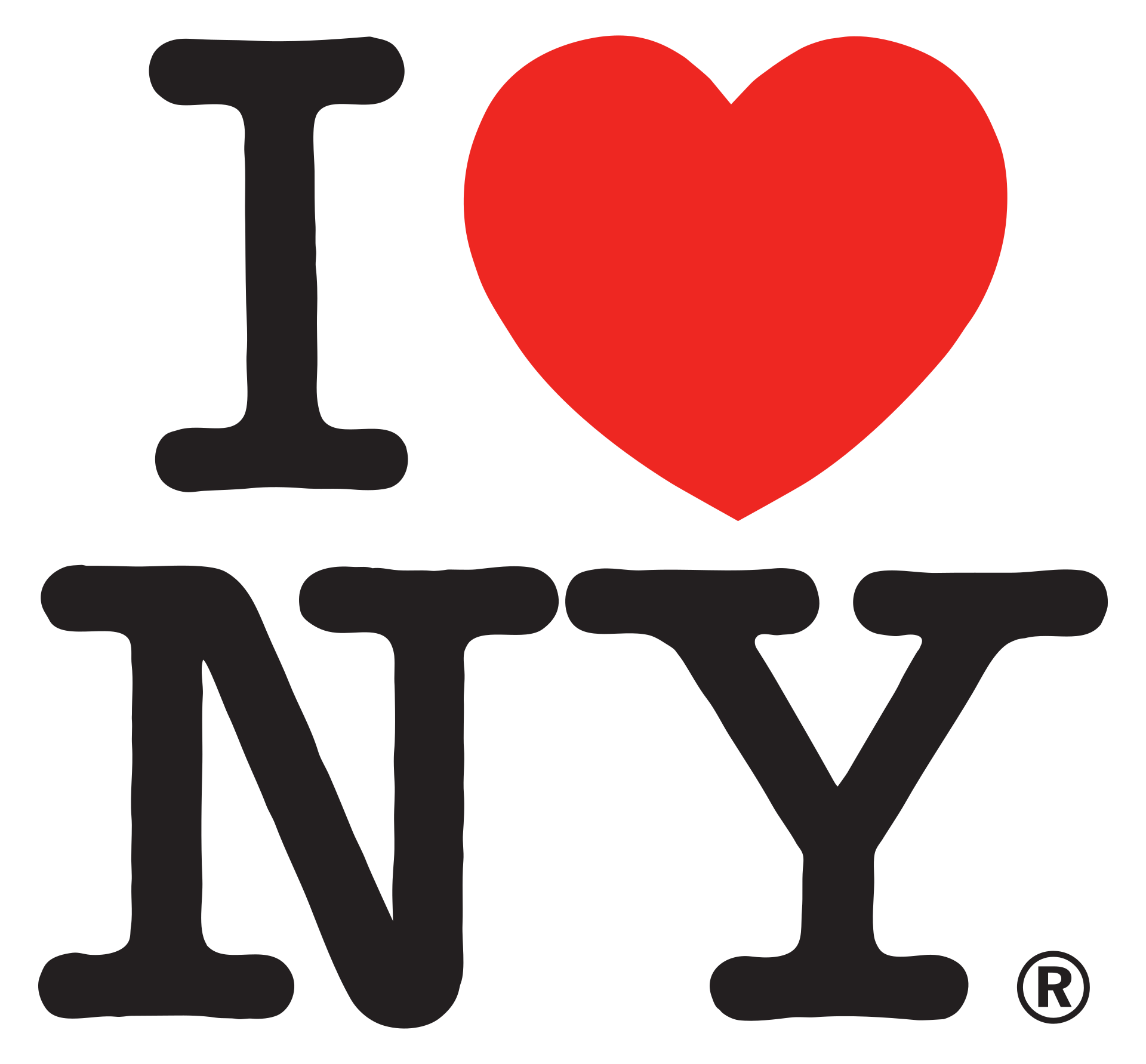 The image prominently features the iconic "I Love New York" logo, a globally recognized symbol of affection for New York City. The bold, black serif 'I' stands tall, followed by a vibrant, plump red heart that practically radiates enthusiasm. Below, the equally bold 'NY' completes the declaration. Set against a stark white background, the logo's demeanor is one of unwavering, almost zealous devotion. Anthropomorphized, it's a cheerful, unpretentious ambassador, its simple design humorously conveying immense love for a bustling metropolis. The background's plainness ensures the message is front and center, emphasizing the enduring cultural impact of this famous tourism campaign. The small registered trademark symbol adds a touch of corporate humor to this heartfelt declaration.