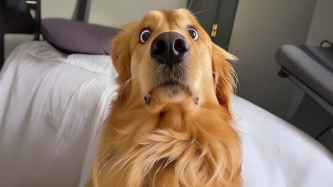 This close-up image features a Golden Retriever with an absolutely priceless, wide-eyed expression of pure shock or bewilderment. Its eyes are comically dilated, revealing a significant amount of white, while its eyebrows are dramatically raised, giving it a very human-like look of utter surprise. The dog's mouth is slightly open, as if it just gasped, and its golden fur is beautifully highlighted, appearing soft and fluffy around its chest. The background, subtly blurred, suggests an indoor setting, possibly a bedroom with a white bedspread and a dark headboard, implying the dog was perhaps startled from a nap or caught off guard by something mundane. Its demeanor is one of hilarious disbelief, as if it just heard the most scandalous gossip or realized it left the oven on. This dog is clearly having an existential crisis, making for a wonderfully humorous and relatable moment.