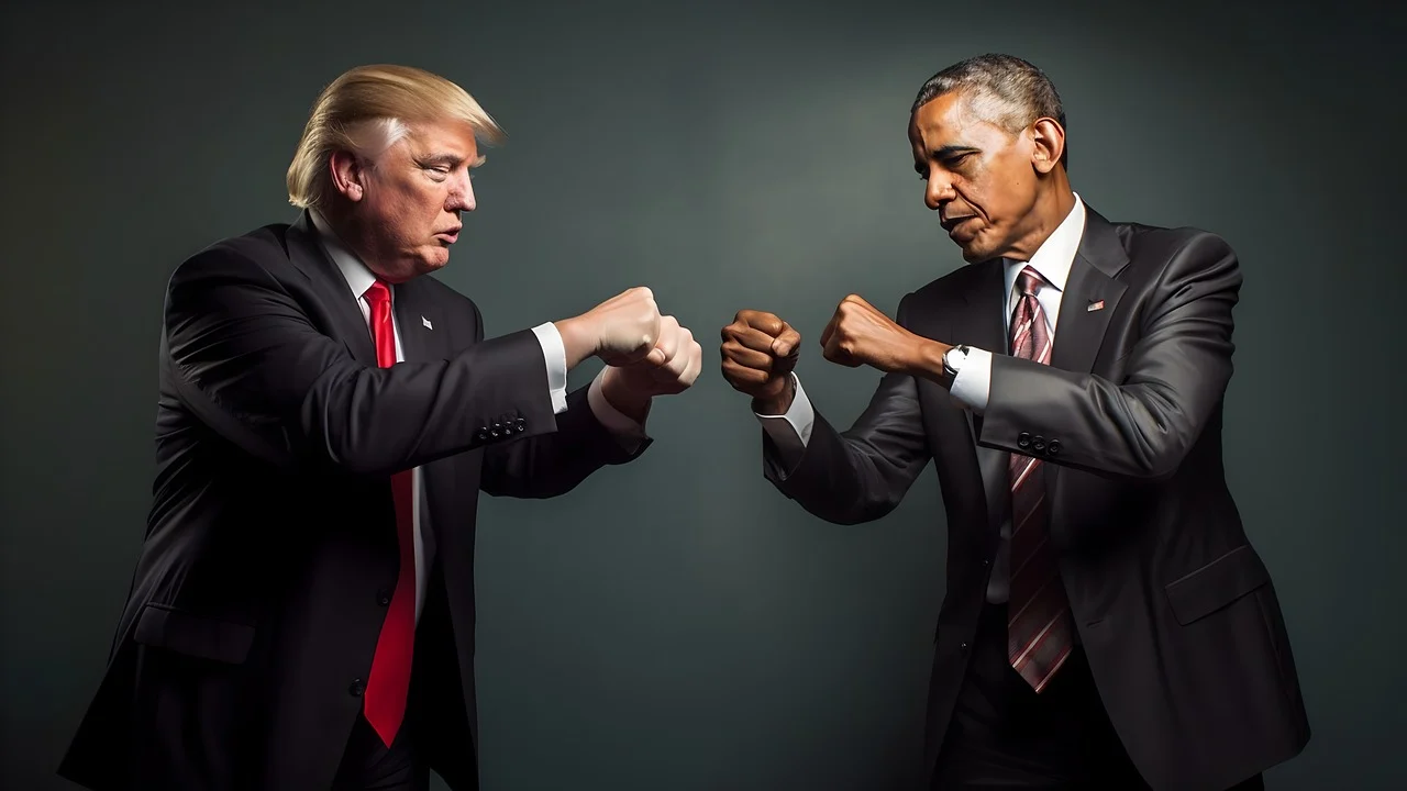 In this image, former U.S. Presidents Donald Trump and Barack Obama are engaged in a playful confrontation, showcasing their distinct political personas. Their fists are raised in a mock boxing gesture, suggesting a light-hearted rivalry. Trump, with his signature hairstyle and a suit accentuated by a bright red tie, appears assertive and animated. Obama, in a dark suit with a neatly tied tie, maintains a calm demeanor, exuding confidence and poise.
The background is a simple, muted gray, emphasizing the two figures and their interaction. This backdrop, while unobtrusive, enhances the focus on their expressions and body language, suggesting a staged moment rather than an intense debate.
Humorously, this image captures a moment that feels like a friendly sparring match rather than a serious political standoff, inviting viewers to appreciate the lighter side of political rivalry.