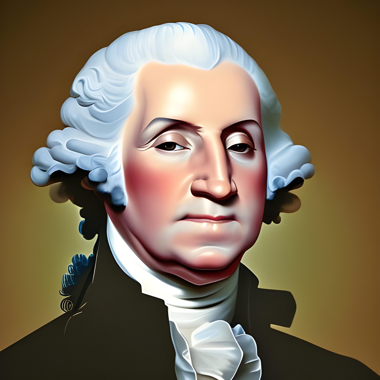 The image depicts a stylized portrait of George Washington, the first President of the United States. His demeanor is serious and resolute, reflecting his pivotal role as a leader during the Revolutionary War. Washington's distinctive white hair, elegantly styled, and his formal attire—complete with a high collar and cravat—convey a sense of dignity and authority.

The background is a smooth gradient, enhancing the focus on Washington's features and emphasizing his historical importance. This minimalistic backdrop suggests a timeless quality, aligning with his status as a Founding Father.

While there’s no humorous element in this solemn representation, one might playfully imagine Washington contemplating the modern complexities of leadership, possibly thinking, “I only had to worry about tea parties, not Twitter!” Overall, the image encapsulates Washington's legacy as a foundational figure in American history.